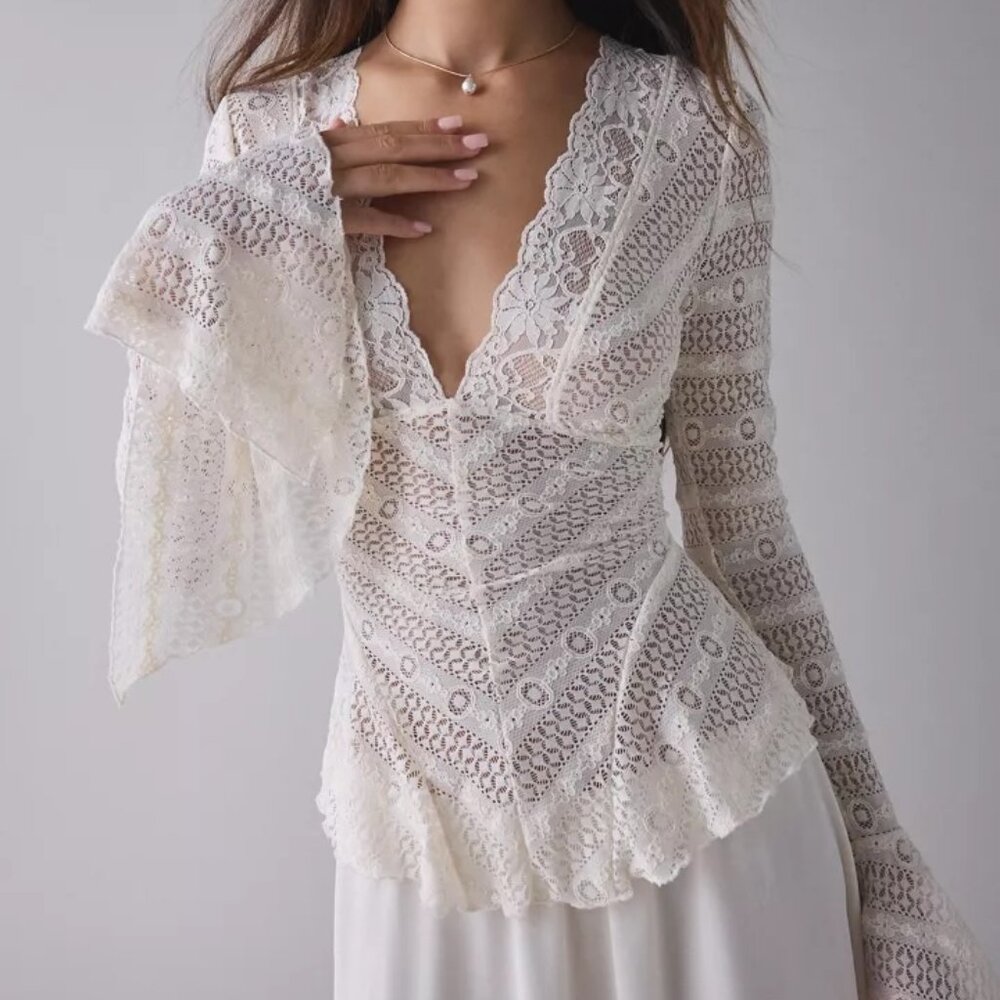 Kimchi Blue Irene Sheer Lace Ruffle Bell Sleeve Top - White